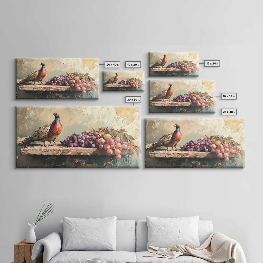 Pheasant And Purple Grapes Framed Canvas Print, Rustic Country Kitchen Wall Art, Winery Decor, Farmhouse Dining Room Still Life