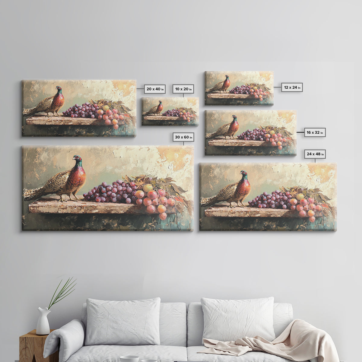 Pheasant And Purple Grapes Framed Canvas Print, Rustic Country Kitchen Wall Art, Winery Decor, Farmhouse Dining Room Still Life