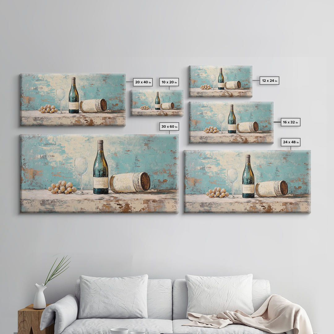 Wine Bottle With Glass And Grapes Canvas Print, Winery Kitchen Wall Art, Rustic Bar Cart Decor, Vineyard Housewarming Gift