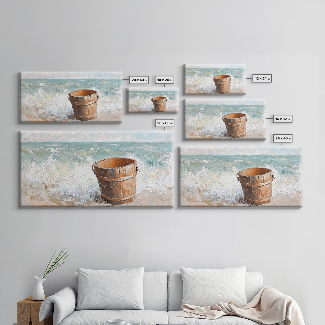 Wooden Bucket By Ocean Waves Framed Canvas Print, Coastal Beach Wall Art, Nautical Bathroom Decor, Beach House Gift For Living Room