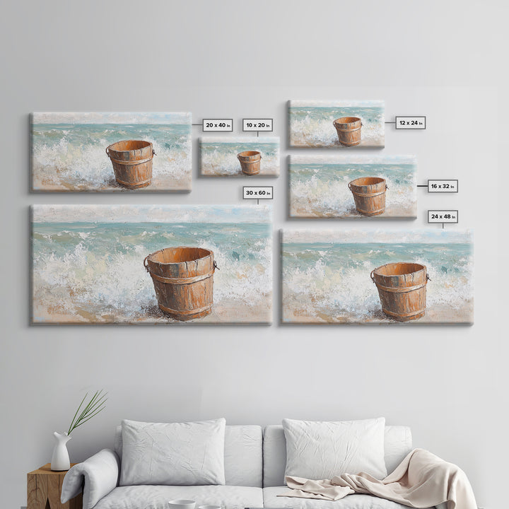 Wooden Bucket By Ocean Waves Framed Canvas Print, Coastal Beach Wall Art, Nautical Bathroom Decor, Beach House Gift For Living Room