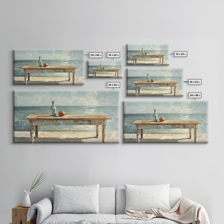 Weathered Seaside Table With Bottle Canvas Print, Coastal Wall Art, Beach House Decor, Ocean Painting, Nautical Living Room Decor
