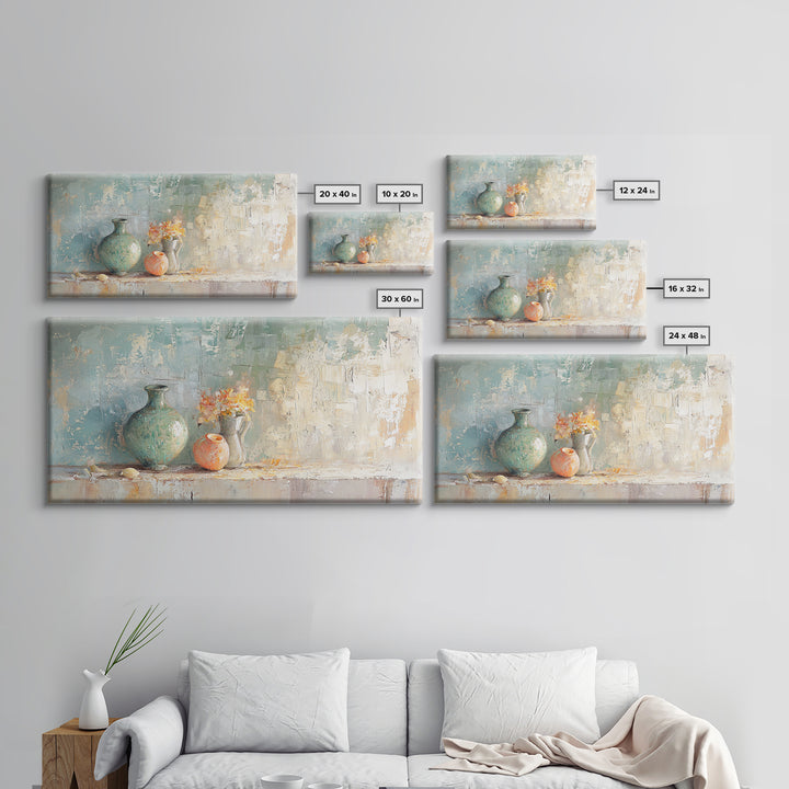 Textured Vases With Tiny Orange Flowers Canvas Print, Neutral Wall Art, Modern Farmhouse Decor, Still Life Painting, Gift For Her