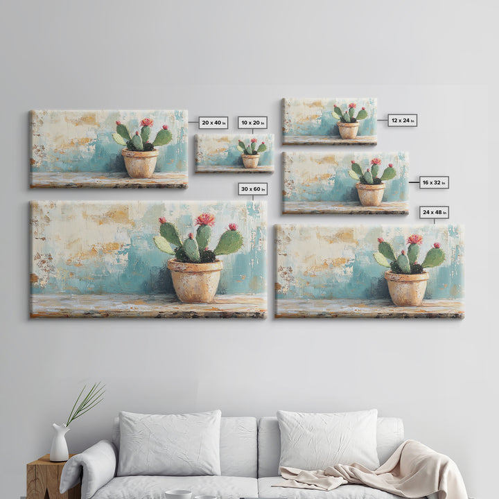 Potted Prickly Pear Cactus With Pink Flowers Canvas Print, Desert Wall Art, Southwest Decor, Botanical Kitchen Decor Gift