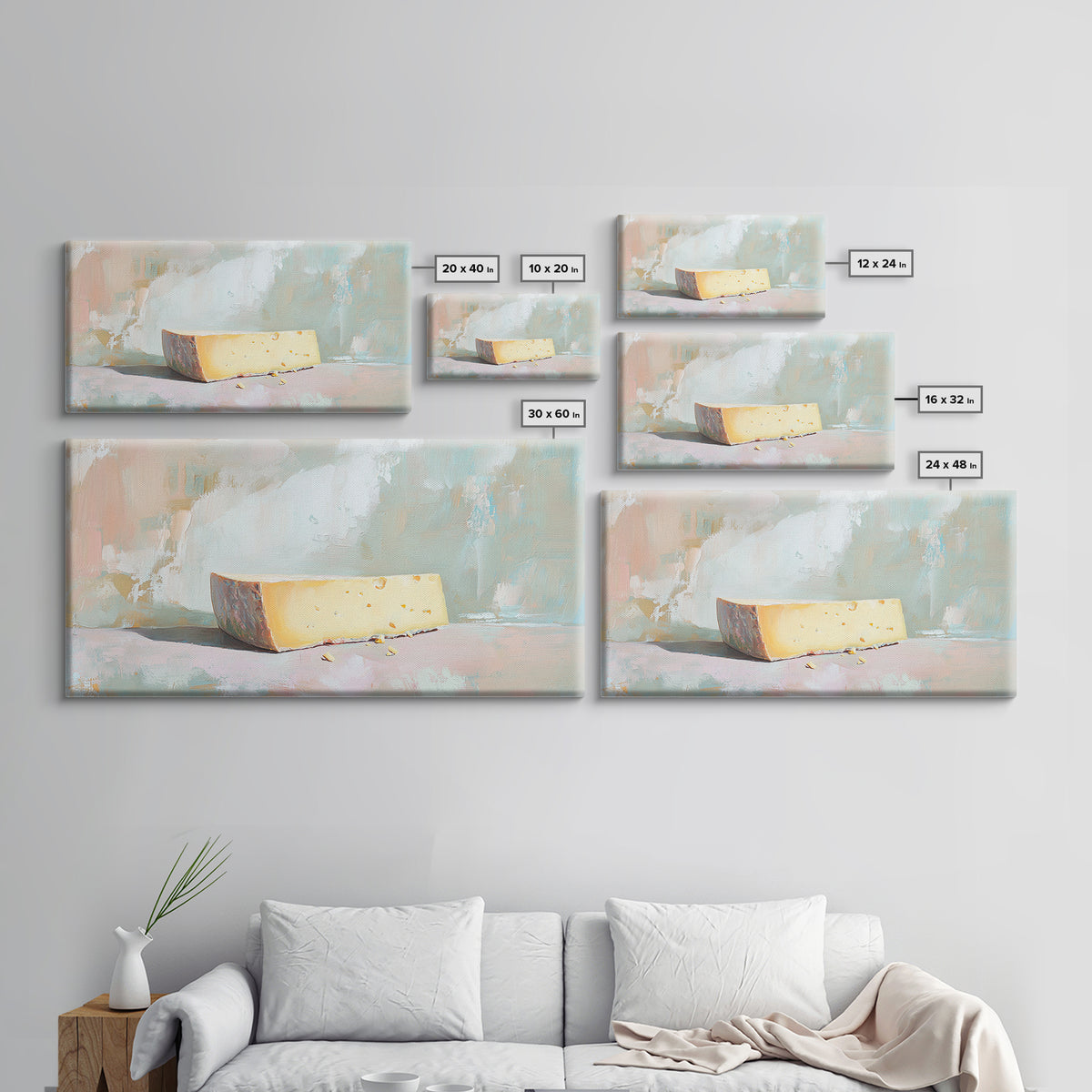 Minimal Cheese Wedge Still Life Wall Art, Pastel Kitchen Decor, Food Art Print, Modern Farmhouse Canvas, Gift For Foodie