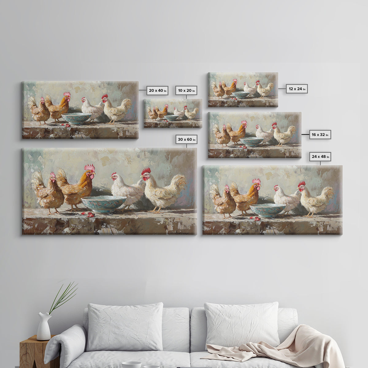 Rustic Farm Chickens And Blue Bowl Wall Art, Farmhouse Canvas Print, Country Kitchen Decor, Animal Wall Art, Housewarming Gift
