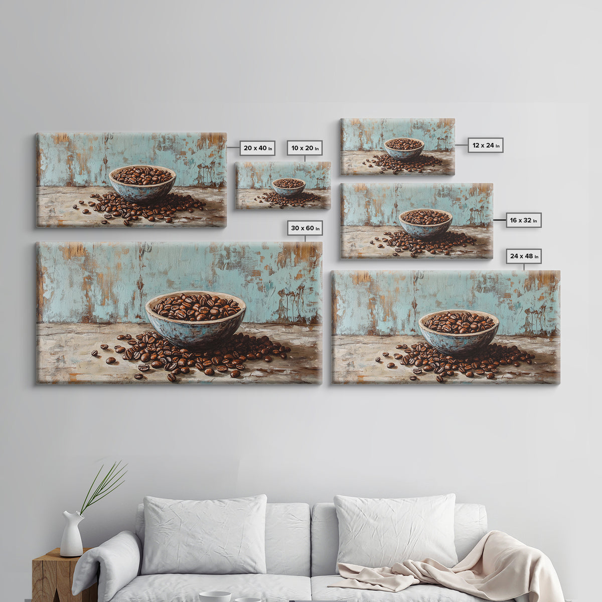 Coffee Beans In Weathered Blue Bowl Wall Art, Coffee Bar Canvas Print, Rustic Kitchen Decor, Cafe Wall Art, Gift For Coffee Lover