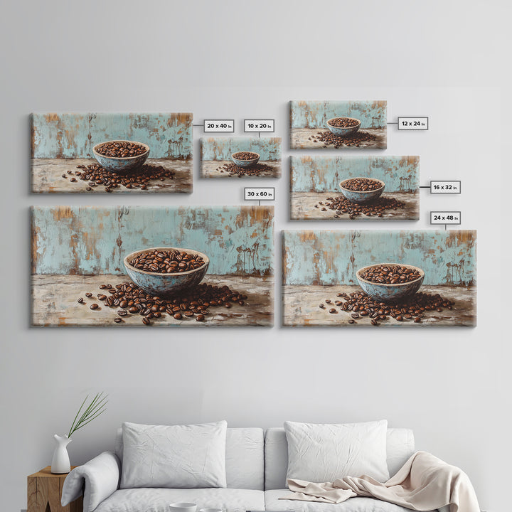 Coffee Beans In Weathered Blue Bowl Wall Art, Coffee Bar Canvas Print, Rustic Kitchen Decor, Cafe Wall Art, Gift For Coffee Lover