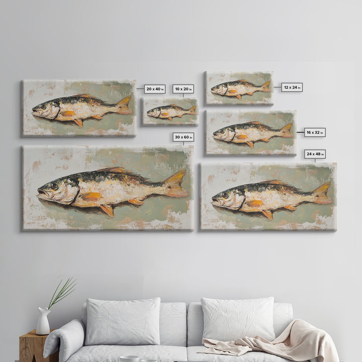 Rustic Fish Still Life Canvas Print, Coastal Kitchen Wall Art, Seafood Wall Decor, Nautical Home Decor For Lake House Gift