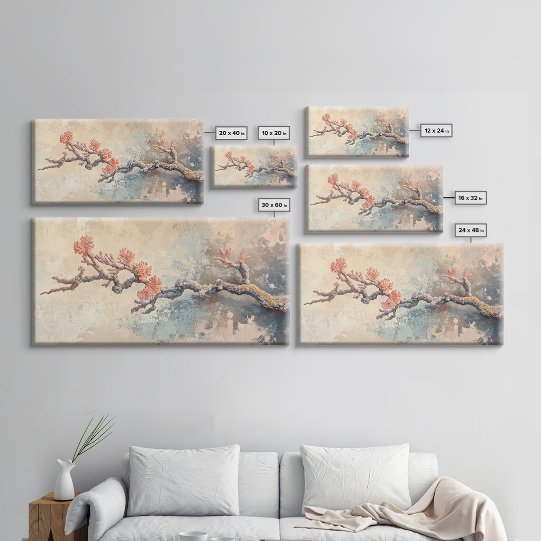 Pink Coral Branch Coastal Wall Art, Textured Ocean Art Print, Beach House Decor, Serene Neutral Canvas Print, Nautical Wall Decor