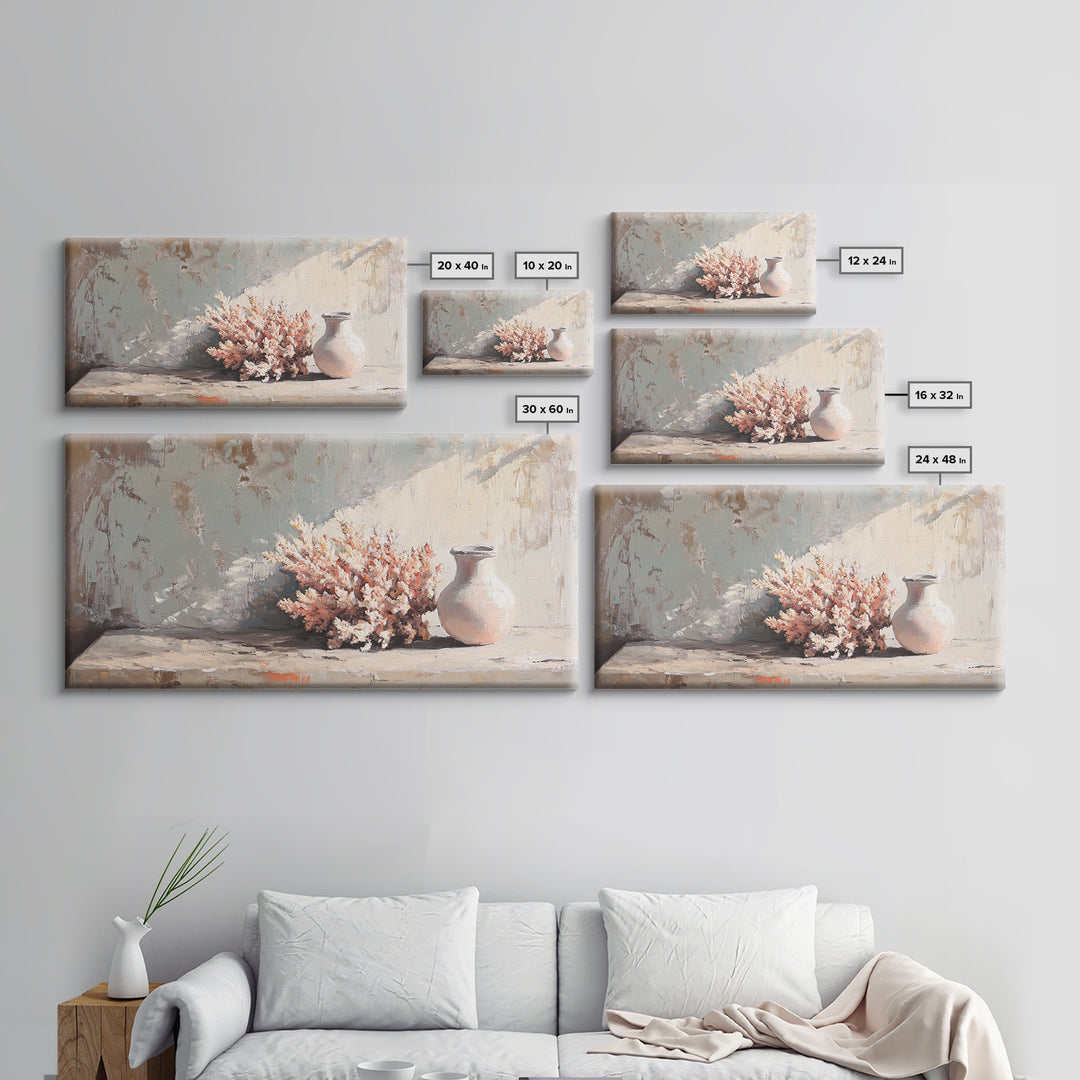 Soft Coral Bouquet And Ceramic Vase Wall Art, Coastal Still Life Print, Neutral Beach House Decor, Modern Home Decor Gift