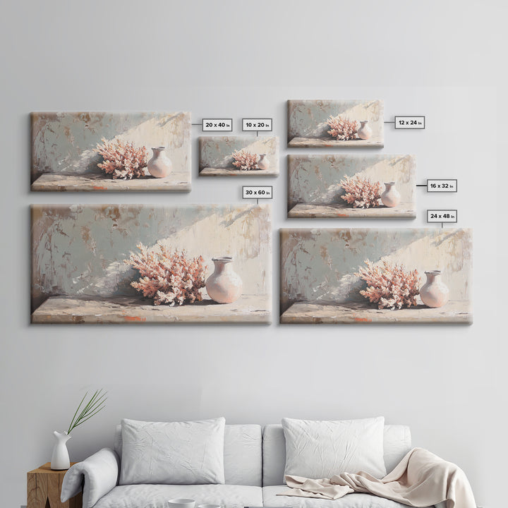 Soft Coral Bouquet And Ceramic Vase Wall Art, Coastal Still Life Print, Neutral Beach House Decor, Modern Home Decor Gift