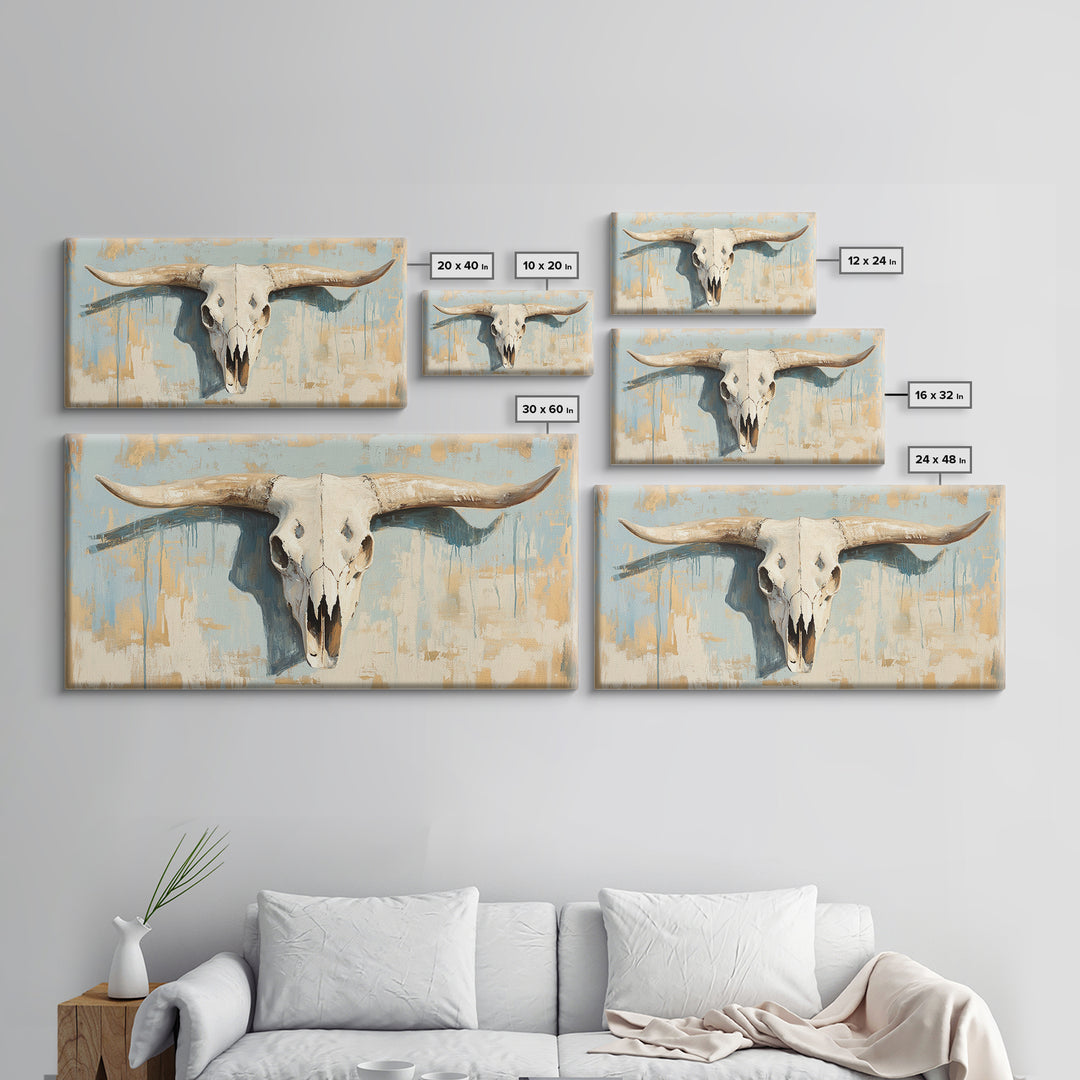 Longhorn Skull On Rustic Blue Plaster Wall Art, Western Ranch Decor, Southwestern Home Decor, Cowboy Canvas Art Print Gift