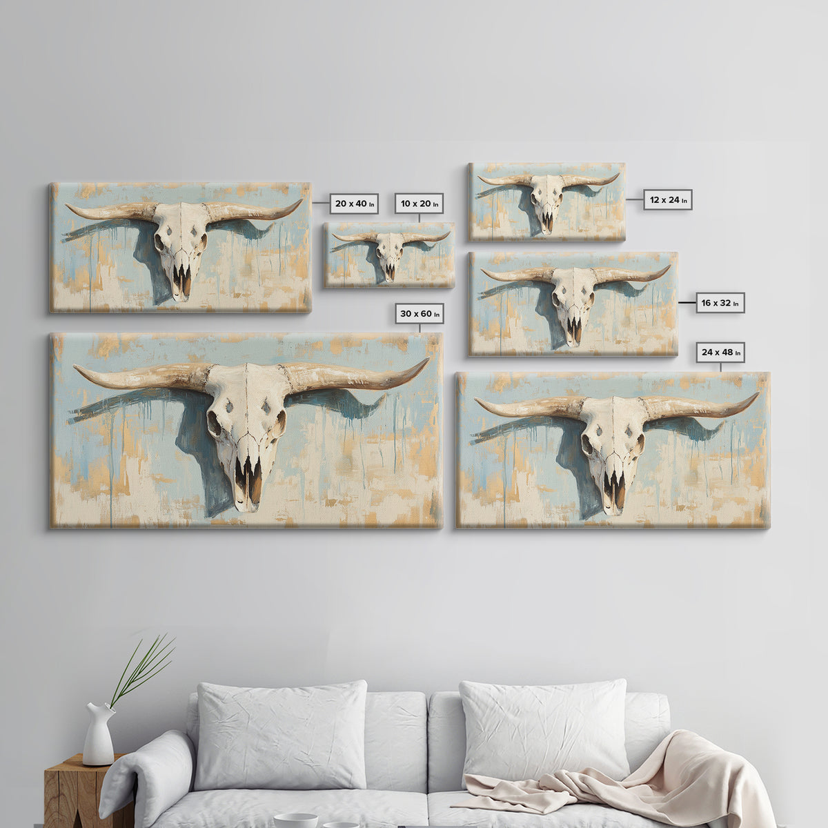 Longhorn Skull On Rustic Blue Plaster Wall Art, Western Ranch Decor, Southwestern Home Decor, Cowboy Canvas Art Print Gift