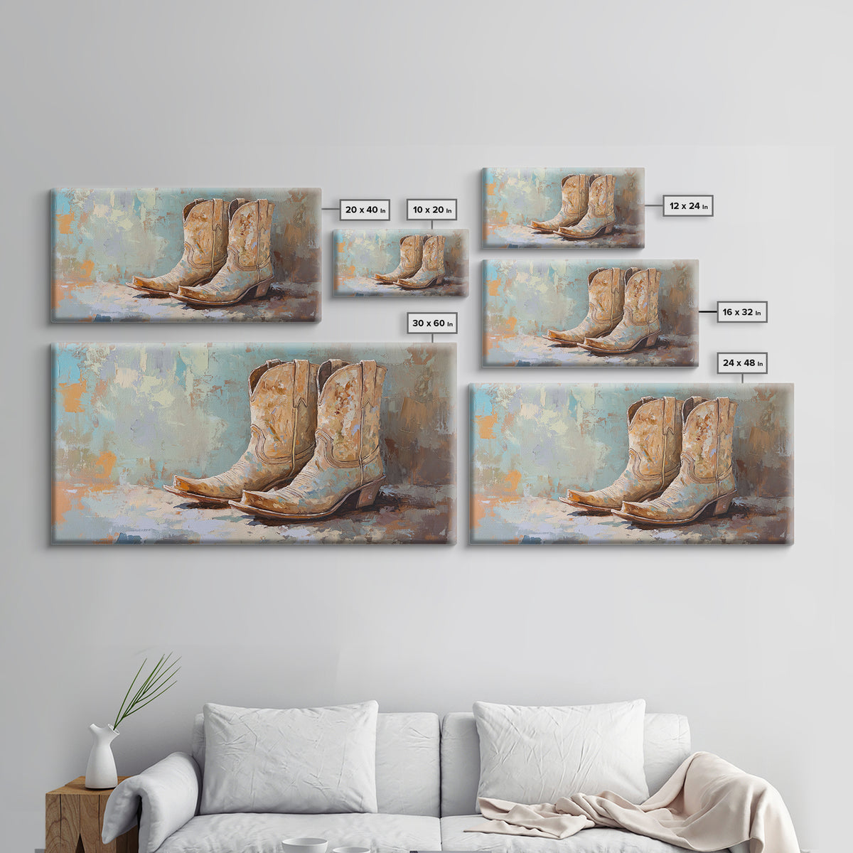 Weathered Cowboy Boots On Textured Blue Canvas Print, Western Wall Decor, Rustic Ranch Home Decor, Cowgirl Gift For Her Art