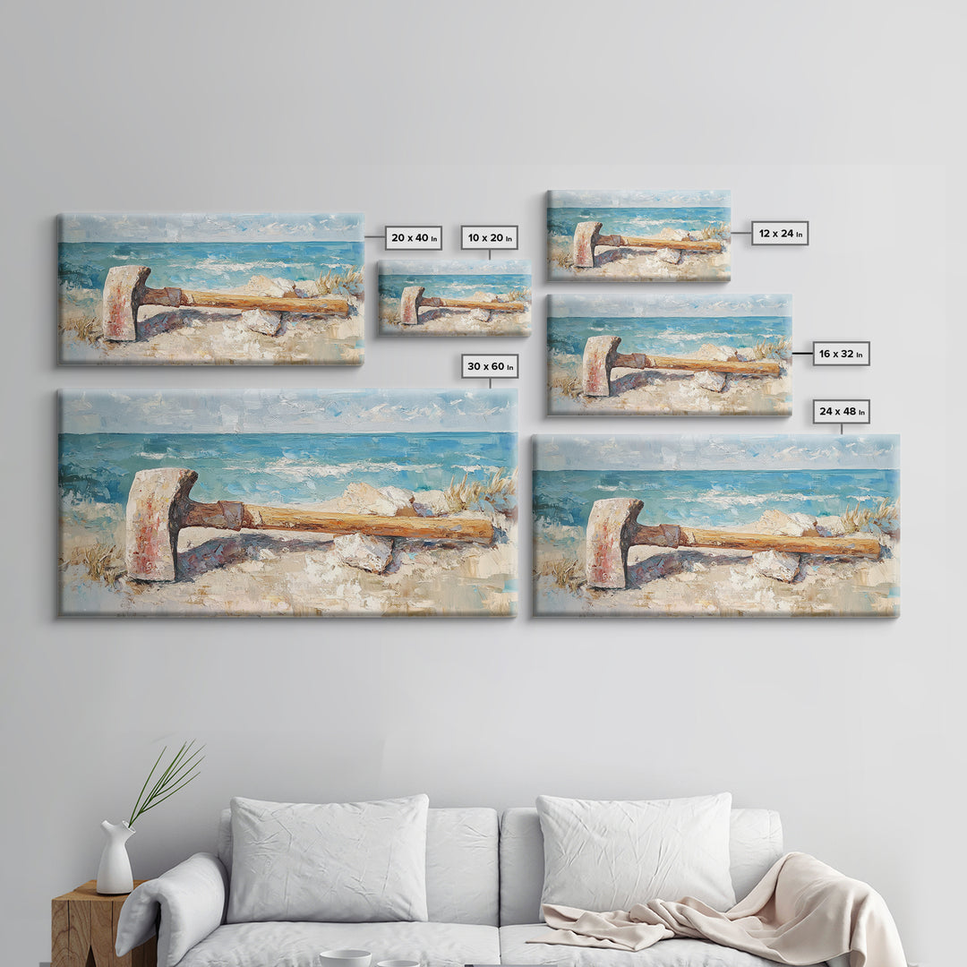 Weathered Axe On Sandy Beach Canvas Print, Coastal Wall Art, Nautical Home Decor, Rustic Seaside Ocean Landscape Gift For Him