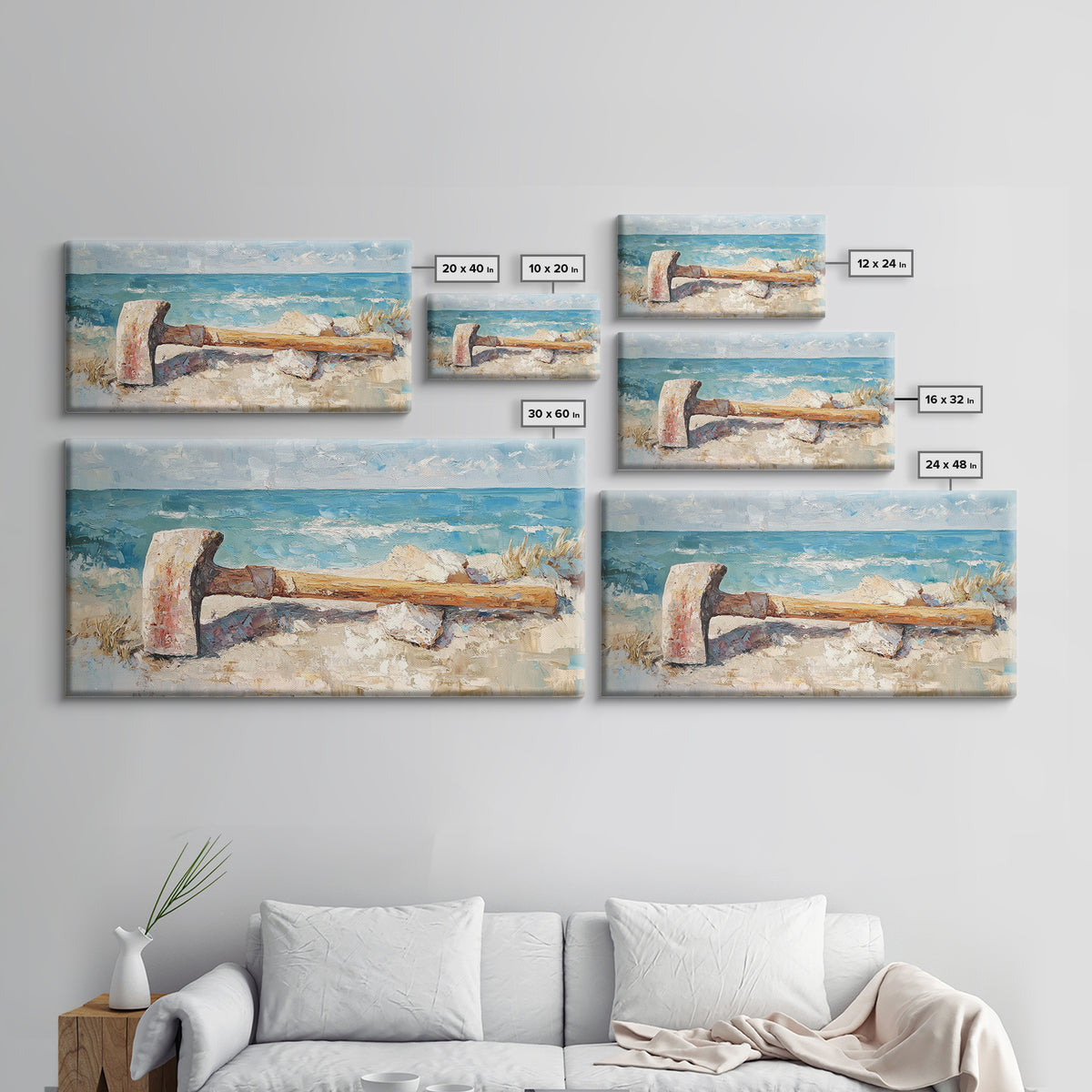 Weathered Axe On Sandy Beach Canvas Print, Coastal Wall Art, Nautical Home Decor, Rustic Seaside Ocean Landscape Gift For Him