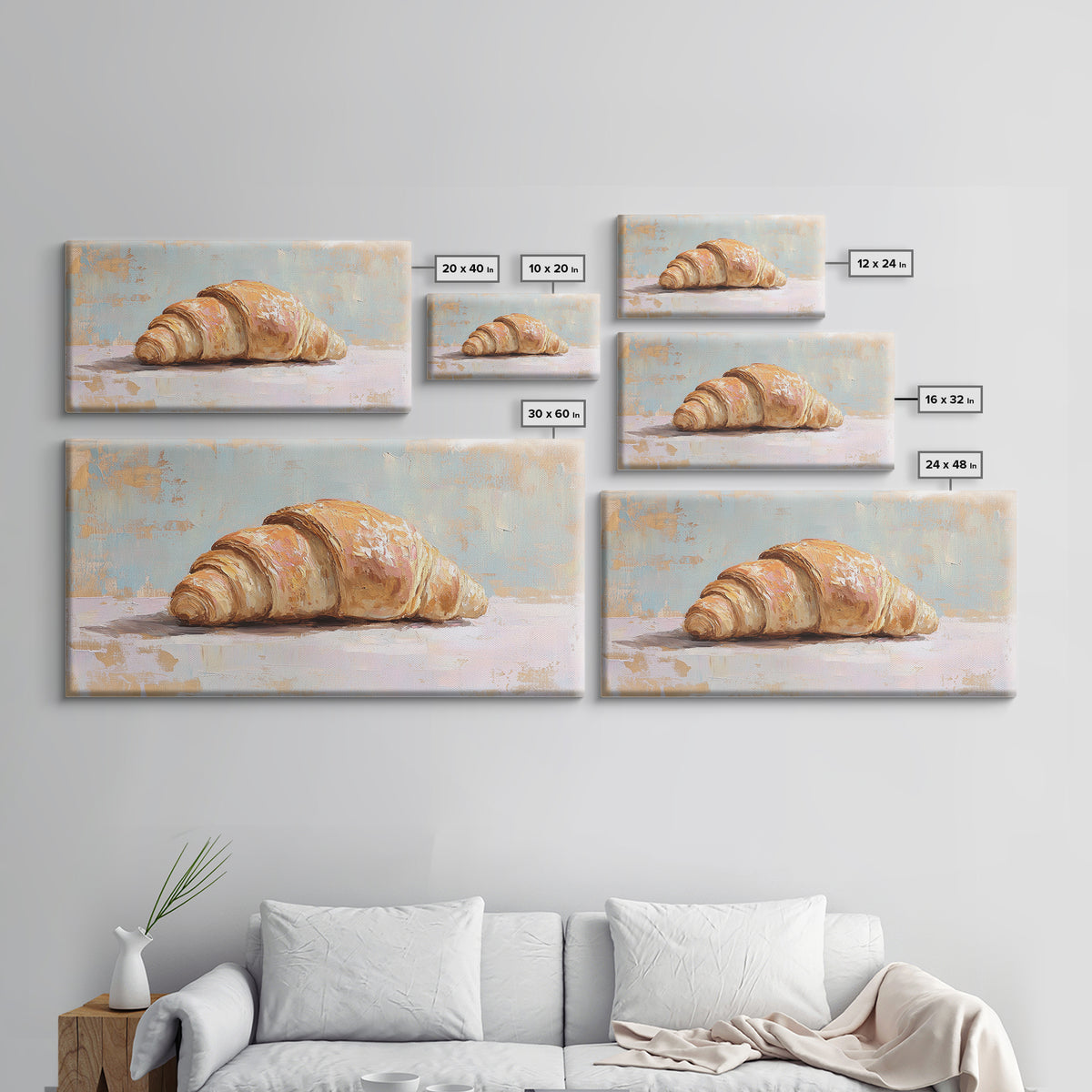 Golden Croissant On Pastel Table Canvas Print, French Bakery Wall Art, Kitchen Decor, Patisserie Print, Foodie Gift For Baker