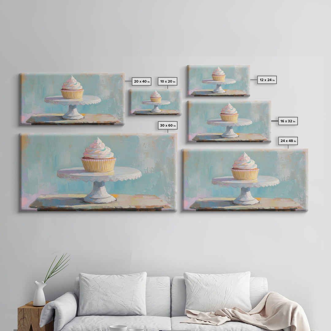 Pastel Cupcake On White Cake Stand Canvas Print, Cute Bakery Wall Art, Kitchen Decor, Dessert Art Print, Birthday Gift For Her