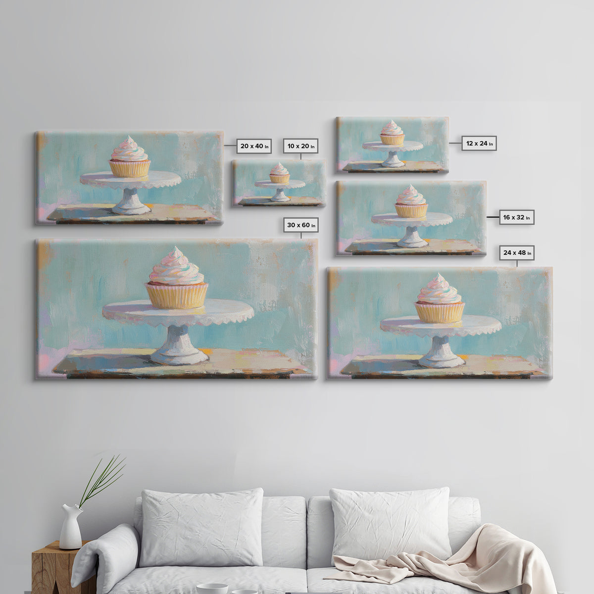 Pastel Cupcake On White Cake Stand Canvas Print, Cute Bakery Wall Art, Kitchen Decor, Dessert Art Print, Birthday Gift For Her