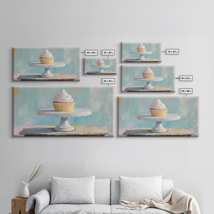 Pastel Cupcake On White Cake Stand Canvas Print, Cute Bakery Wall Art, Kitchen Decor, Dessert Art Print, Birthday Gift For Her