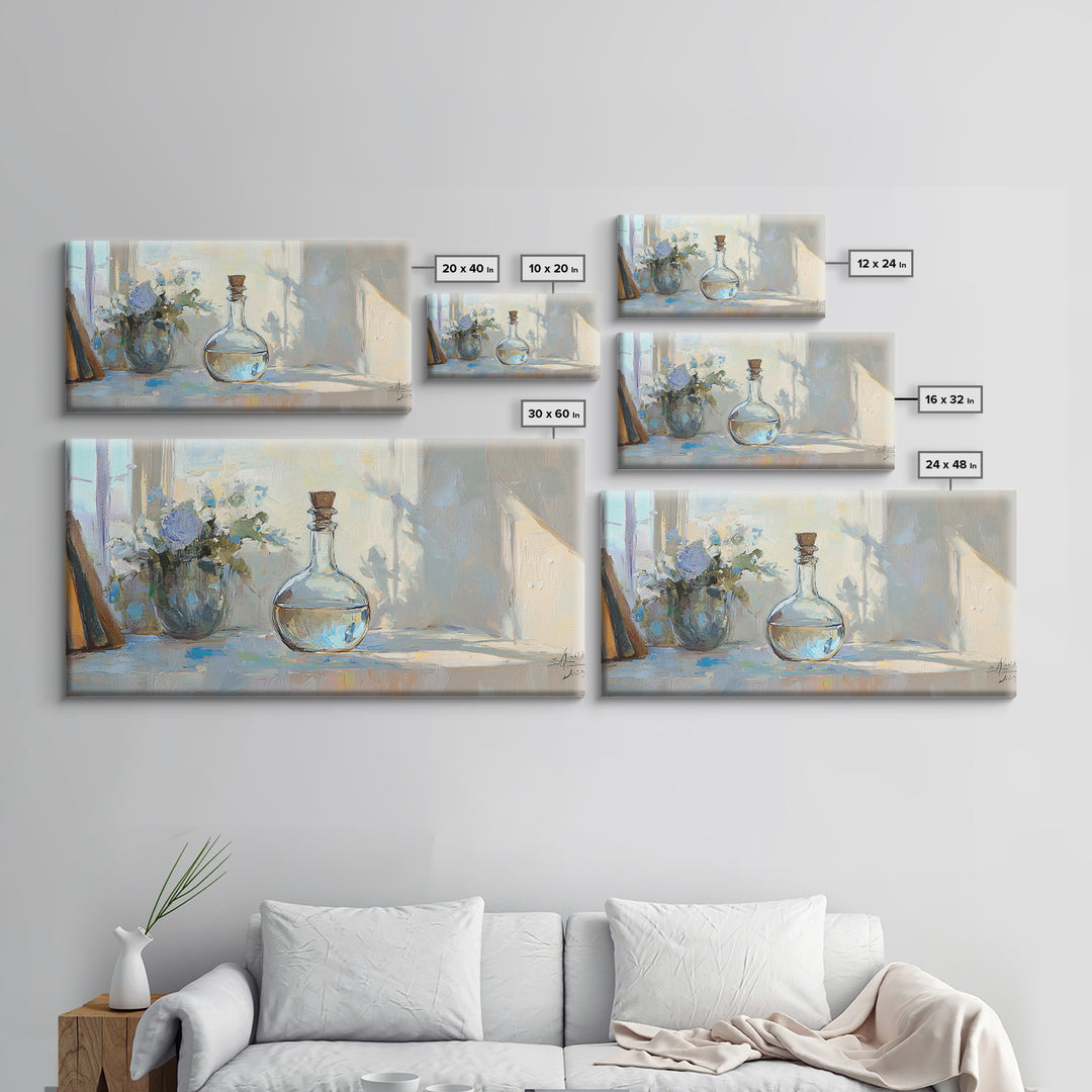 Sunlit Glass Decanter With Blue Flowers Framed Canvas Print, Impressionist Still Life, Neutral Home Decor, Dining Room Wall Art