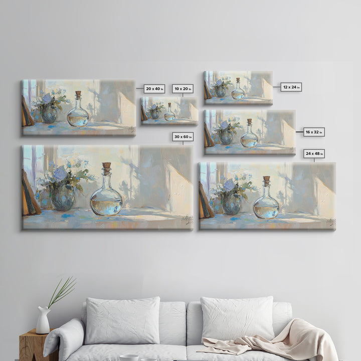Sunlit Glass Decanter With Blue Flowers Framed Canvas Print, Impressionist Still Life, Neutral Home Decor, Dining Room Wall Art