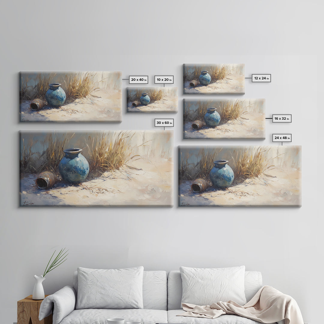 Blue Ceramic Vase In Sunlit Sand Wall Art, Coastal Still Life Canvas, Neutral Beach Decor, Rustic Home Decor, Housewarming Gift