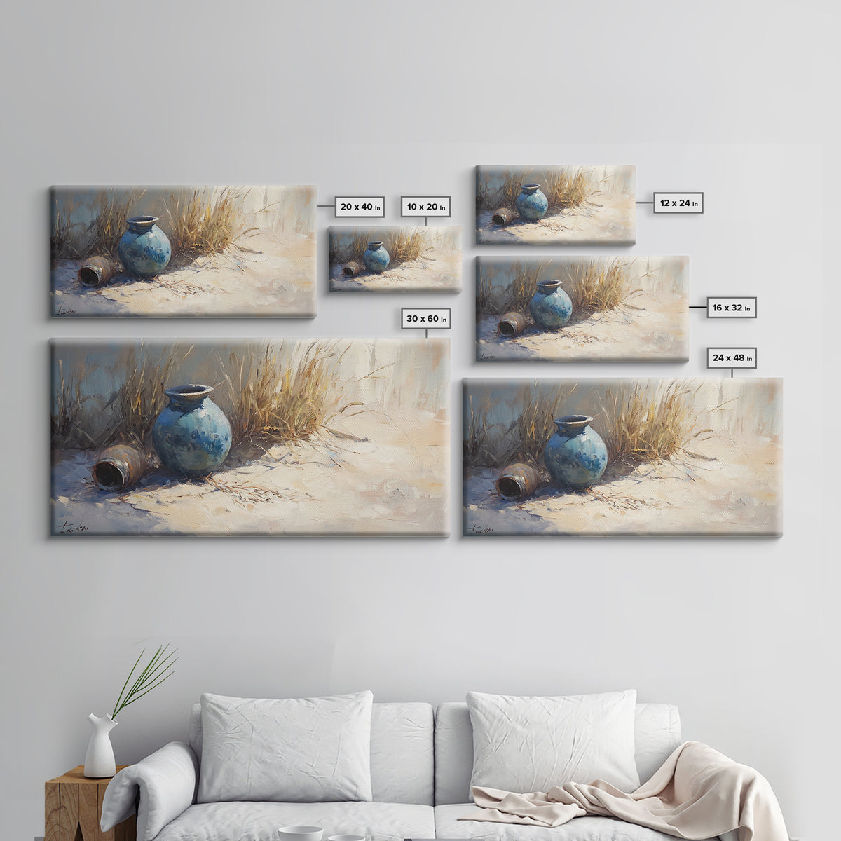 Blue Ceramic Vase In Sunlit Sand Wall Art, Coastal Still Life Canvas, Neutral Beach Decor, Rustic Home Decor, Housewarming Gift