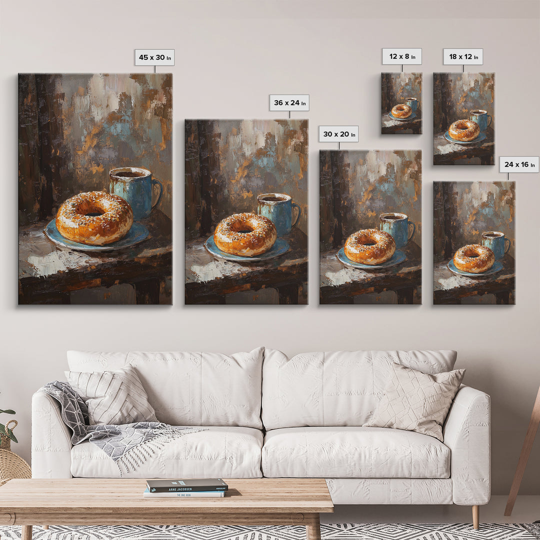 Rustic Coffee And Bagel Still Life Canvas Print, Cozy Kitchen Wall Art, Breakfast Nook Decor, Cafe Art Print Gift For Foodie