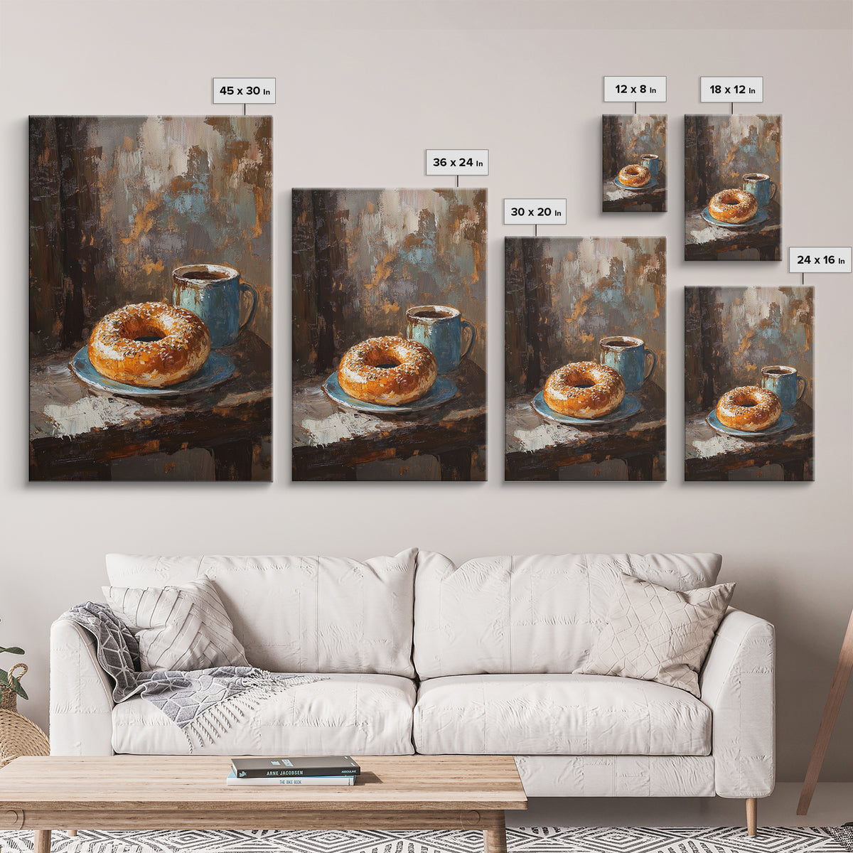 Rustic Coffee And Bagel Still Life Canvas Print, Cozy Kitchen Wall Art, Breakfast Nook Decor, Cafe Art Print Gift For Foodie