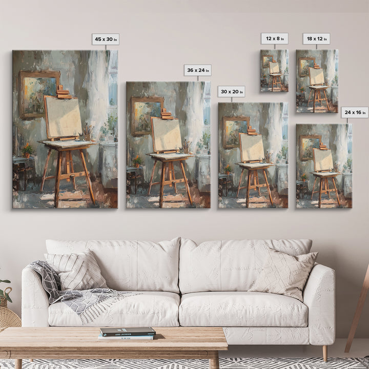 Sunlit Artist Studio Easel Framed Canvas Print, Office Wall Art, Creative Home Decor, Gift For Painter, Modern Wall Decor