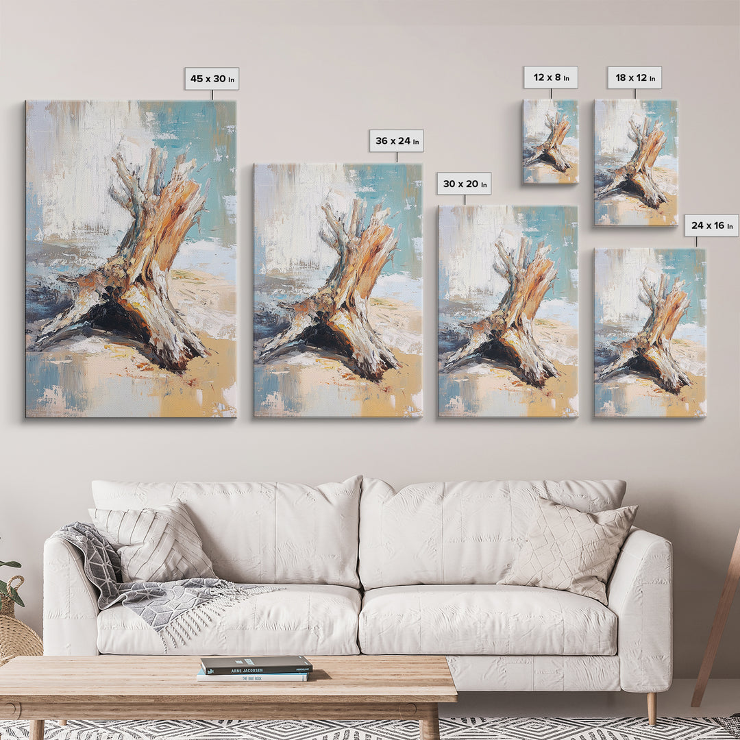 Textured Driftwood Stump On Sandy Shore Wall Art, Coastal Beach House Decor, Neutral Nature Print, Rustic Seaside Painting