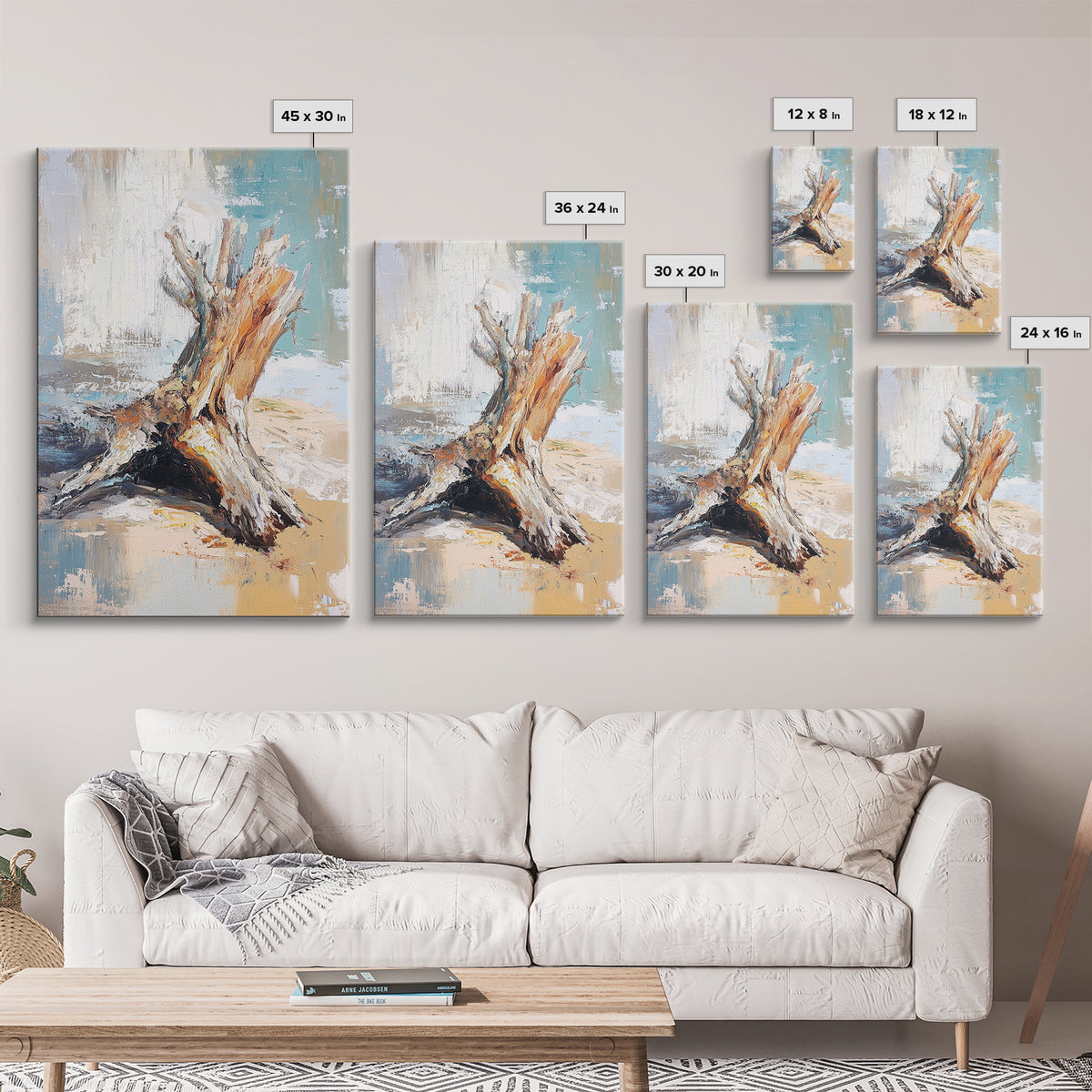 Textured Driftwood Stump On Sandy Shore Wall Art, Coastal Beach House Decor, Neutral Nature Print, Rustic Seaside Painting