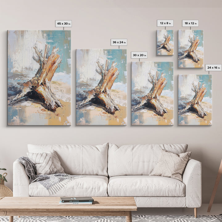 Textured Driftwood Stump On Sandy Shore Wall Art, Coastal Beach House Decor, Neutral Nature Print, Rustic Seaside Painting