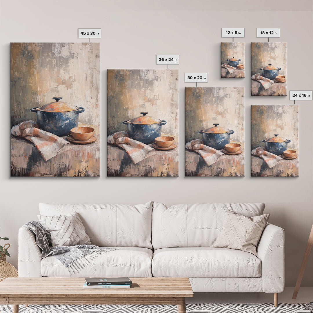 Blue Dutch Oven With Bread And Bowl Framed Canvas Print, Rustic Kitchen Wall Art, Farmhouse Decor, Cozy Still Life Painting