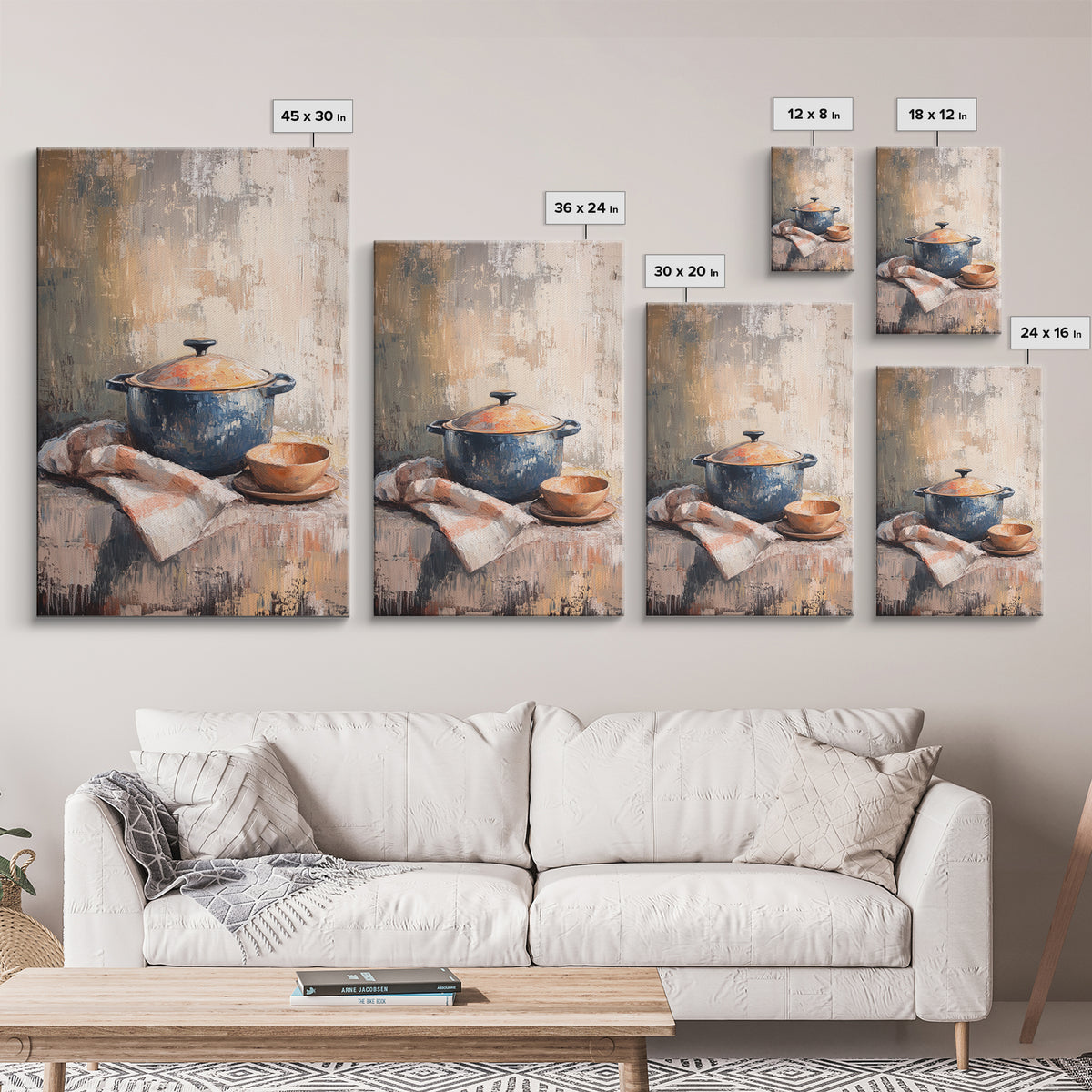 Blue Dutch Oven With Bread And Bowl Framed Canvas Print, Rustic Kitchen Wall Art, Farmhouse Decor, Cozy Still Life Painting