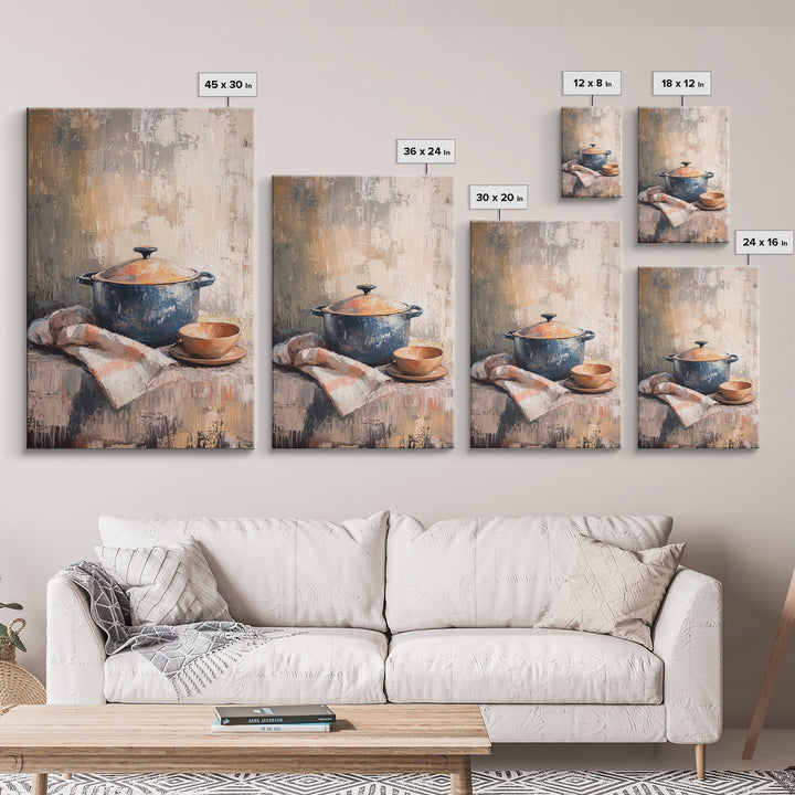 Blue Dutch Oven With Bread And Bowl Framed Canvas Print, Rustic Kitchen Wall Art, Farmhouse Decor, Cozy Still Life Painting