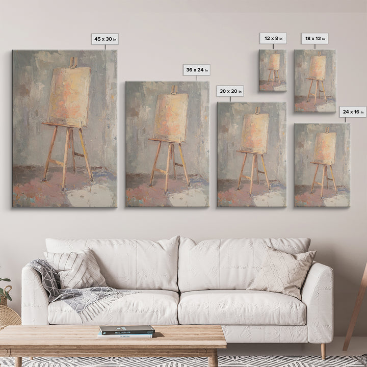 Empty Easel With Textured Blank Canvas Wall Art, Artist Studio Decor, Minimalist Neutral Art Print, Creative Office Gift