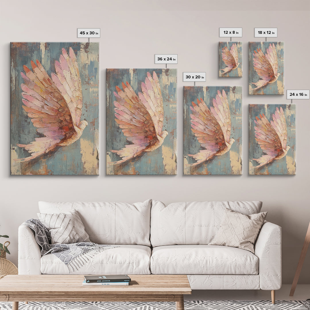 Pastel Dove In Flight With Textured Wings Wall Art, Peaceful Bird Painting, Spiritual Home Decor, Nursery Or Living Room Print