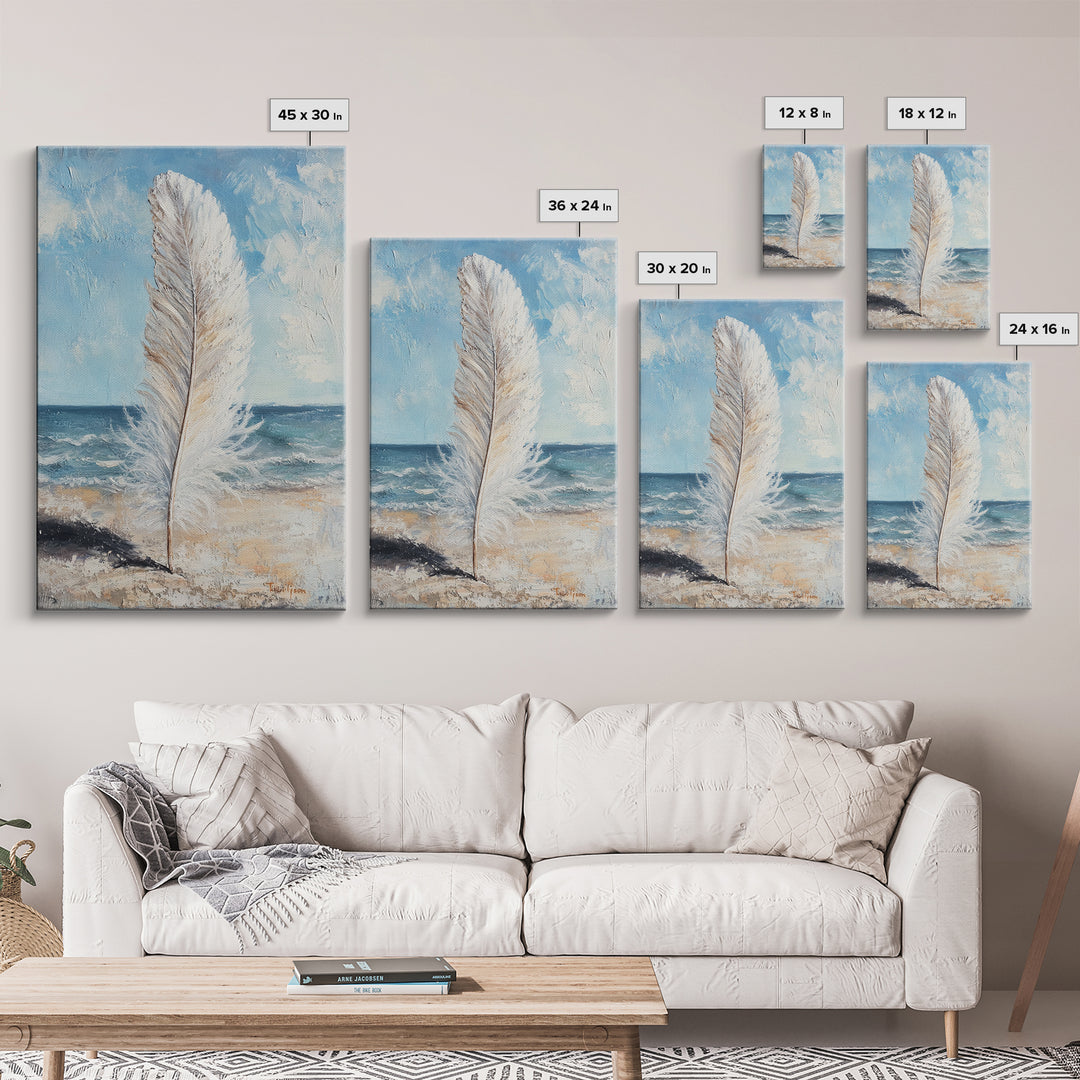 White Feather On Ocean Shore Canvas Print, Coastal Beach Wall Art, Serene Seascape Painting For Calm Bedroom And Beach House Decor