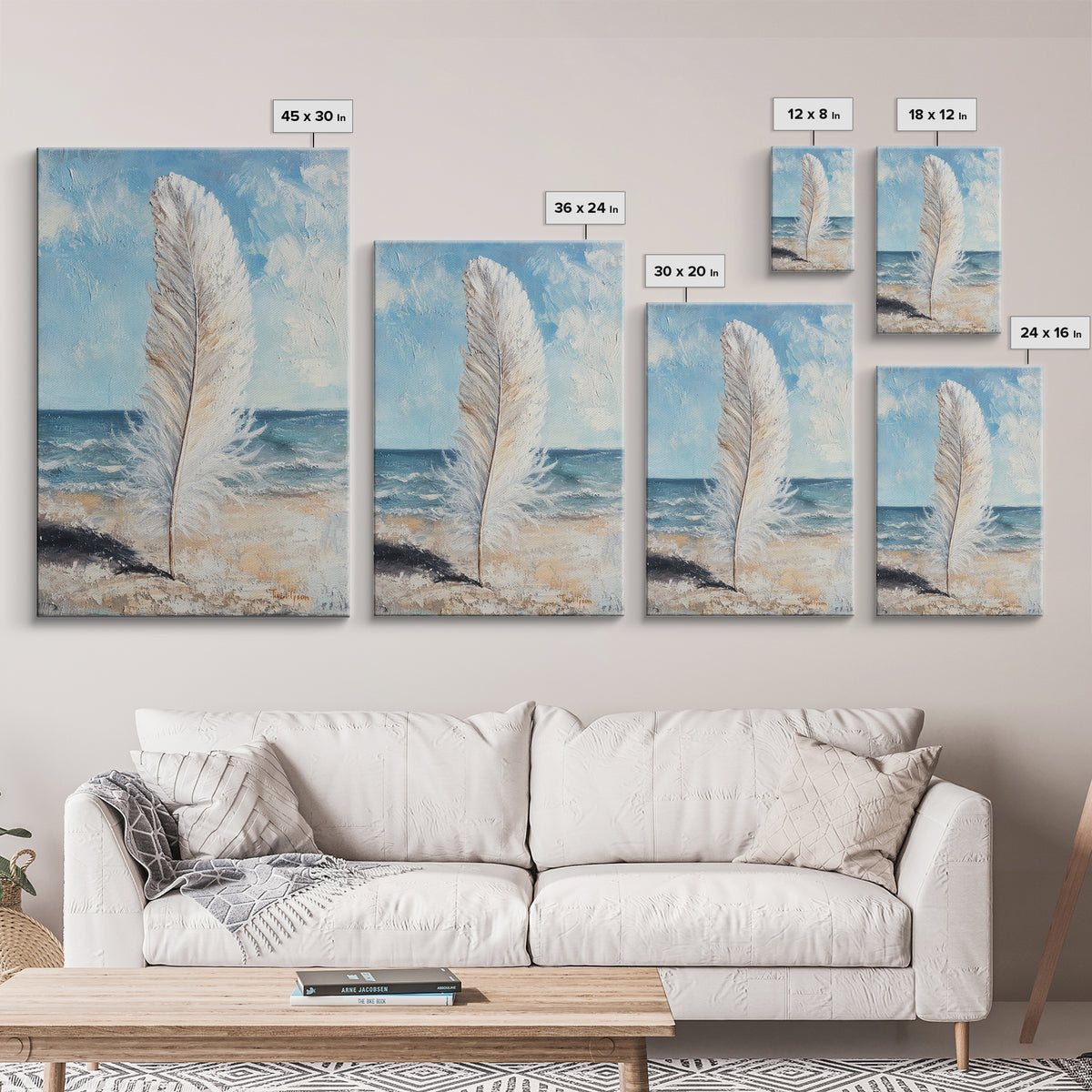 White Feather On Ocean Shore Canvas Print, Coastal Beach Wall Art, Serene Seascape Painting For Calm Bedroom And Beach House Decor