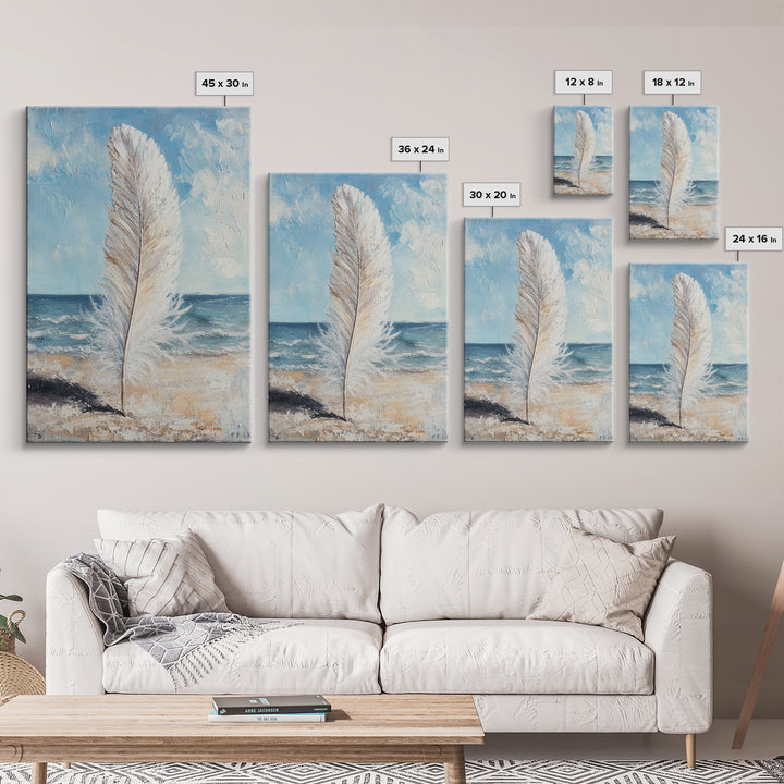 White Feather On Ocean Shore Canvas Print, Coastal Beach Wall Art, Serene Seascape Painting For Calm Bedroom And Beach House Decor