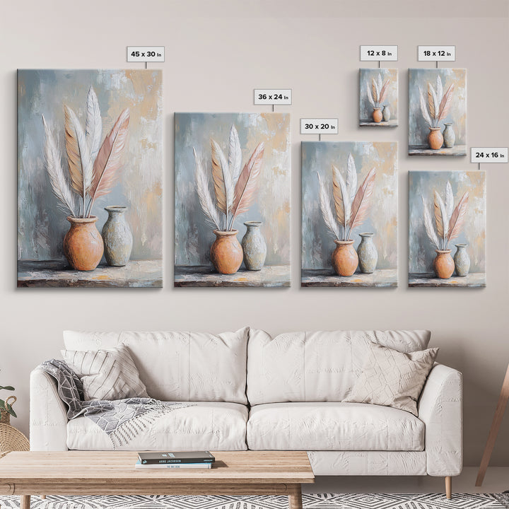 Soft Neutral Feathers In Ceramic Vases Framed Canvas Print, Boho Coastal Wall Art, Japandi Living Room Decor Gift For Bedroom