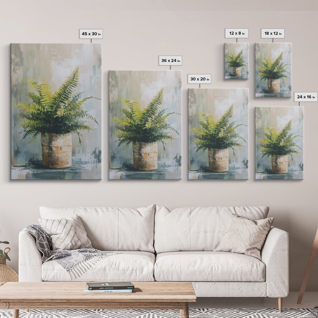 Green Fern In Rustic Pot Canvas Print, Botanical Wall Art, Neutral Plant Painting For Japandi Modern Home Decor Gift For Living Room
