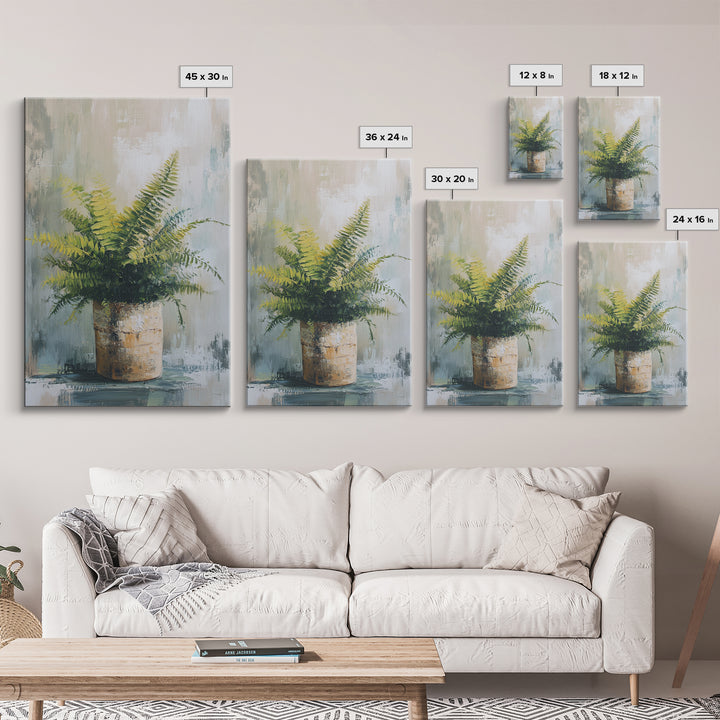 Green Fern In Rustic Pot Canvas Print, Botanical Wall Art, Neutral Plant Painting For Japandi Modern Home Decor Gift For Living Room