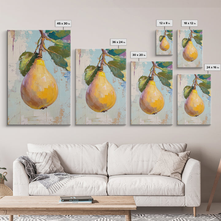 Golden Pear On Branch Canvas Print, Rustic Kitchen Wall Art, French Country Decor, Botanical Fruit Print, Housewarming Gift