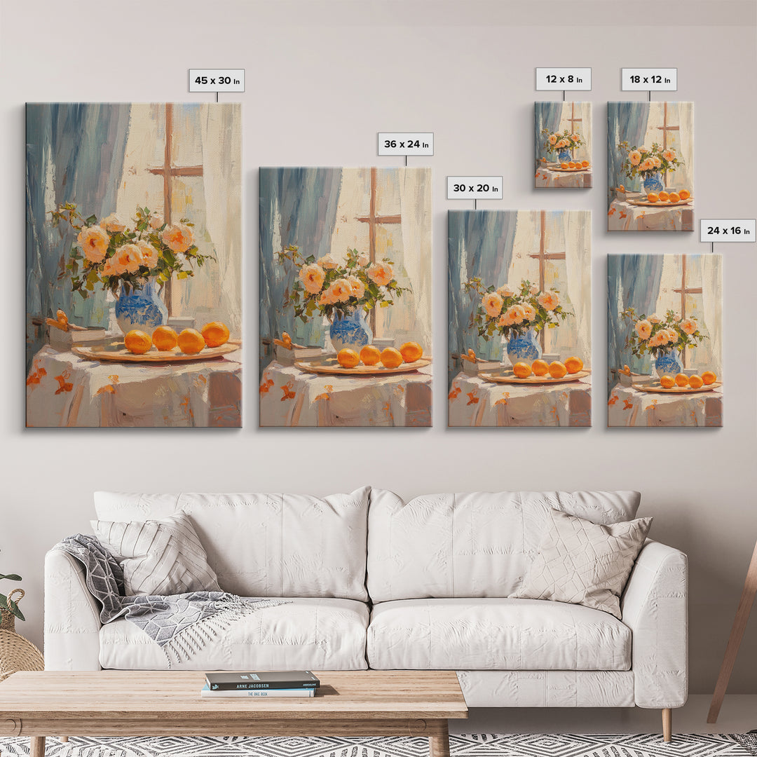 Peach Roses And Oranges By Window Framed Canvas Print, Kitchen Wall Art, French Country Decor, Floral Still Life Gift For Her