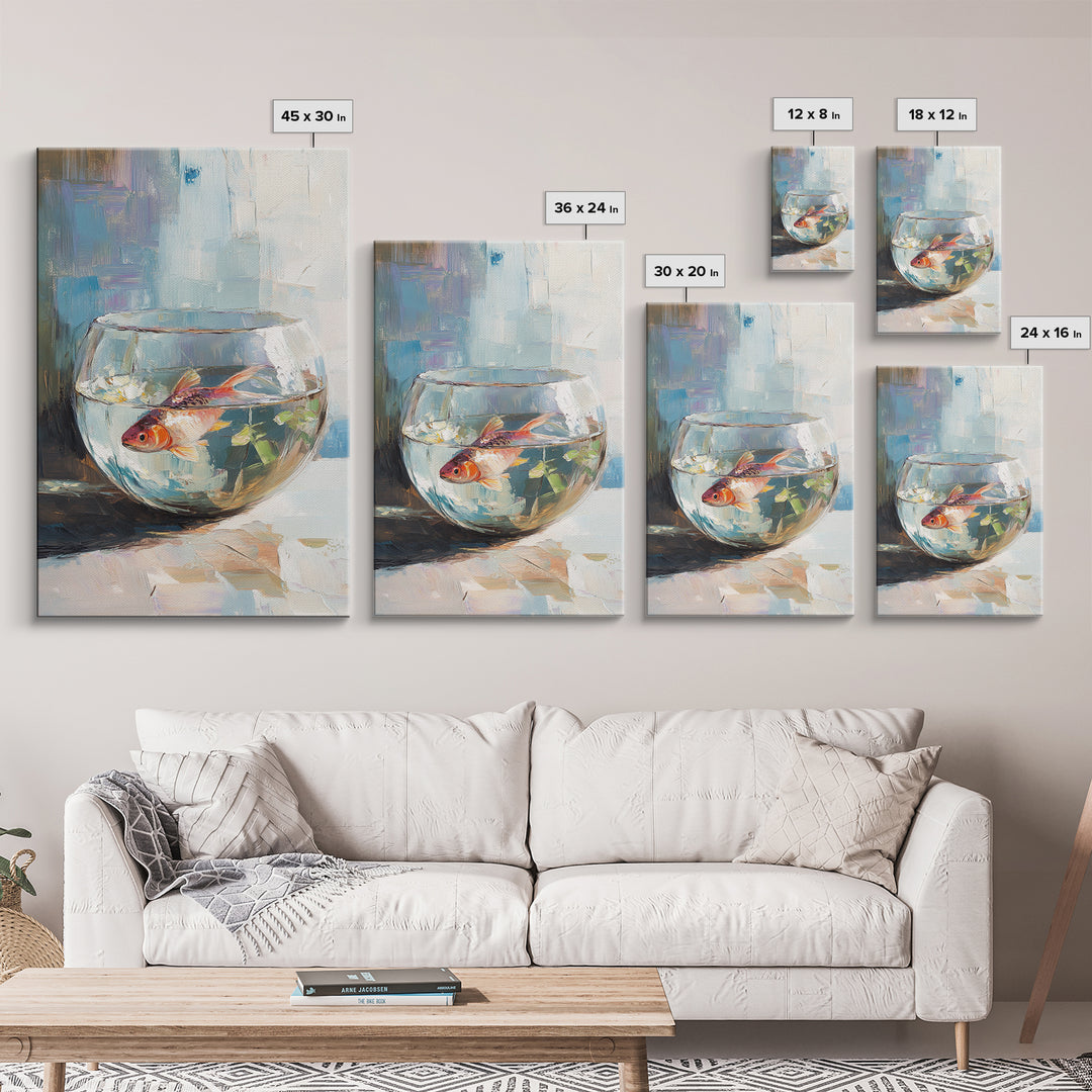 Goldfish In Glass Bowl Canvas Print, Aquatic Animal Wall Art, Coastal Bathroom Decor, Kids Room Art, Ocean Life Gift For Her
