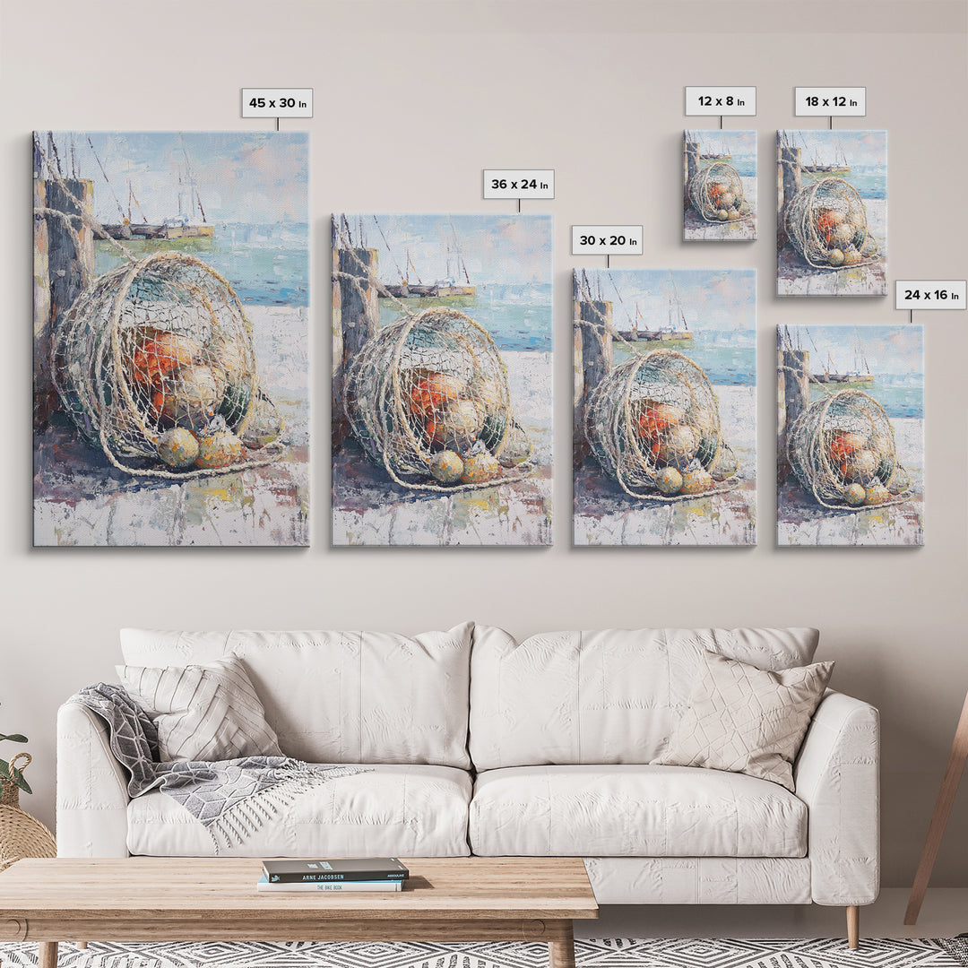 Fishing Net And Buoys By Harbor Wall Art, Coastal Wall Decor, Nautical Canvas Print, Beach House Decor, Ocean Art, Gift For Him